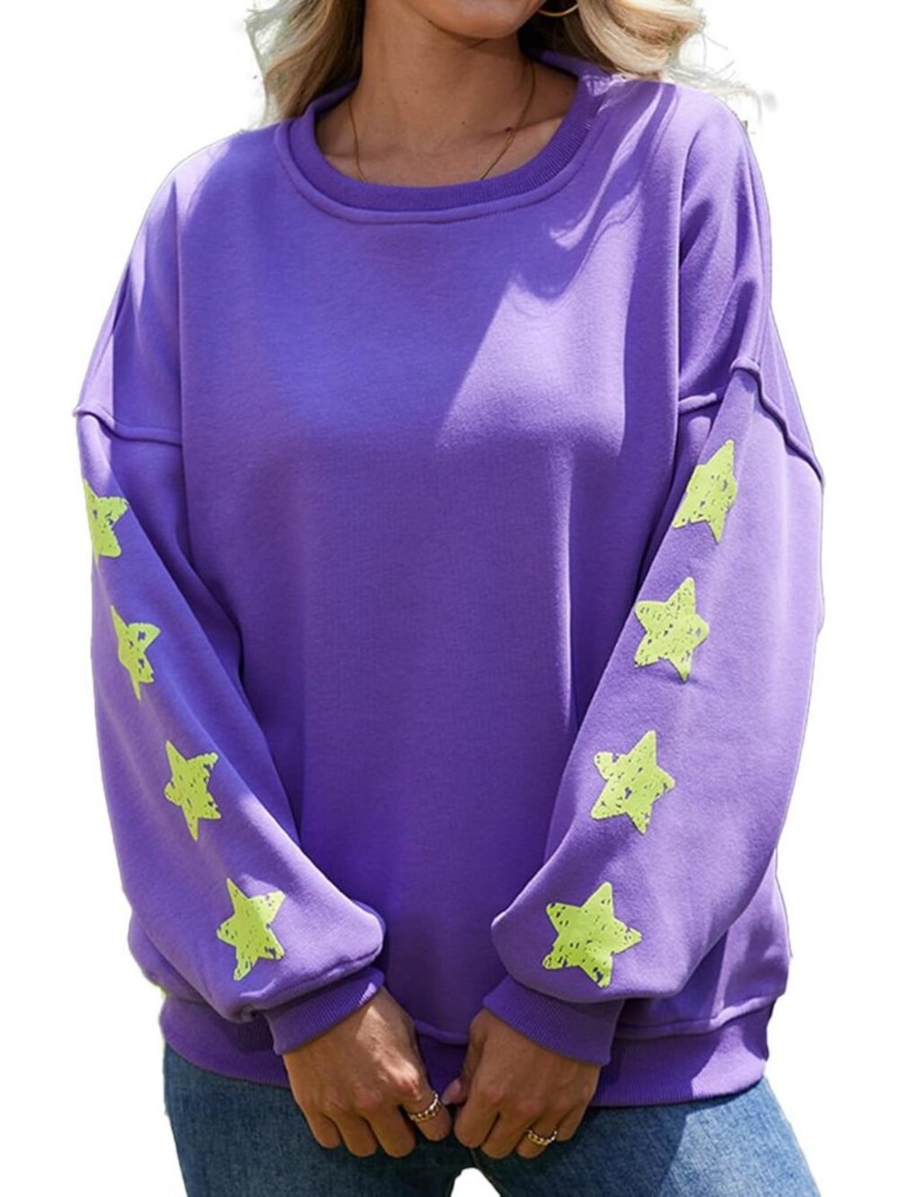 Cozy Oversized Fleece Crewneck Sweatshirt with Star Sleeves, Long Sleeve